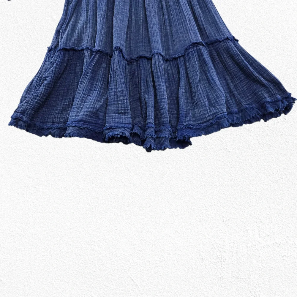 Free People Blue Gauze Tiered Peasant Tunic Dress Oversized Boho Top Size XS